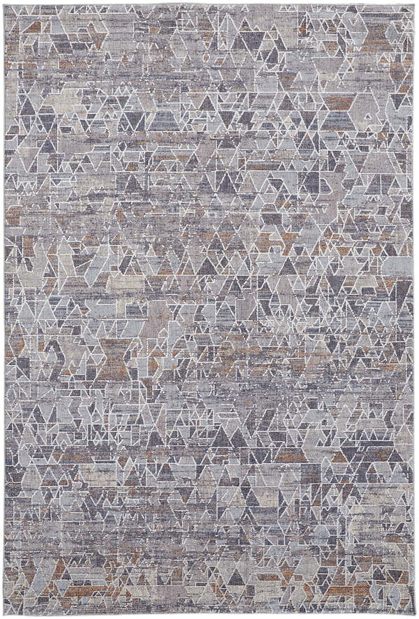 Abstract Feizy Francisco rug with a geometric pattern in gray, blue, and orange. Transitional style. Design-Rectangle