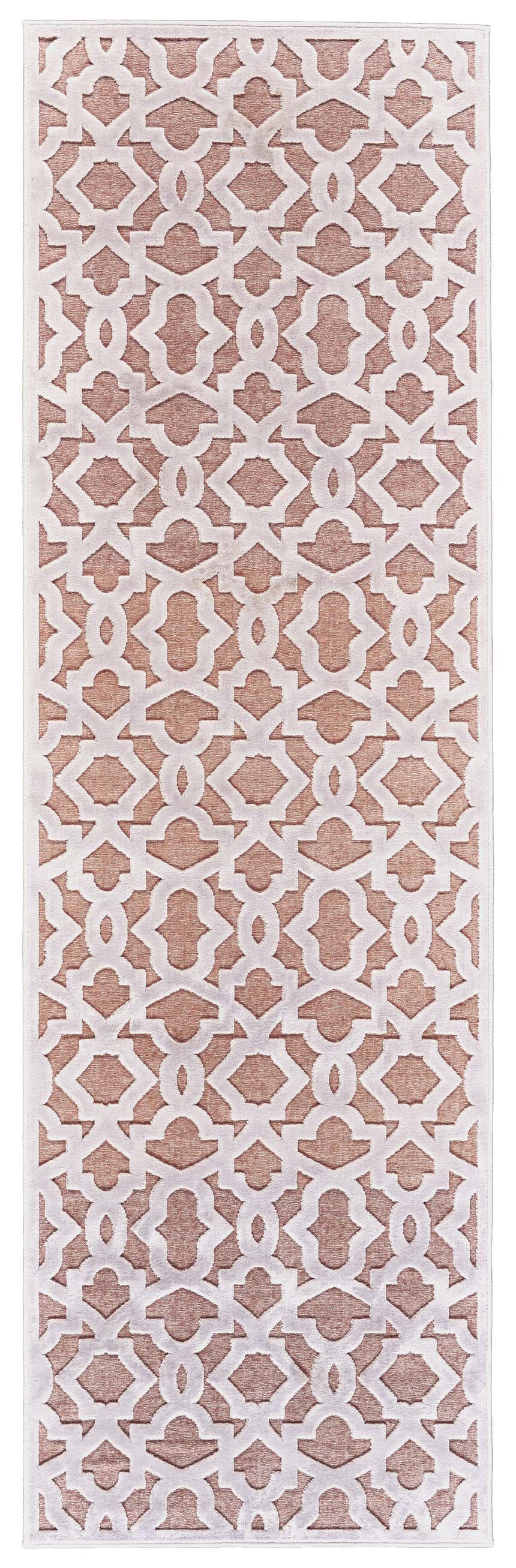 Feizy Saphir Mira rug close-up: pink and white interlocking geometric diamond pattern. Modern, machine-made runner. Design-Runner