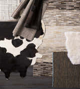 Sunburst Area Rug and other leather rugs in gray, brown, black, and white, with woven and animal print textures. Styleshot
