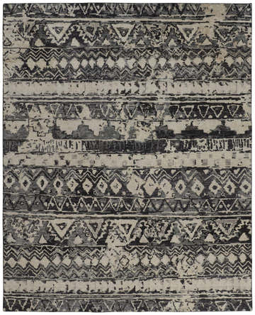 Close-up of the Feizy Palomar rug. Transitional geometric pattern in ivory, gray, and black. Hand-knotted wool texture. Design-Rectangle