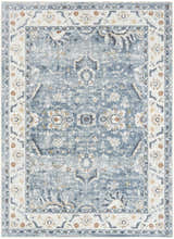 Close-up of Nourison Astra Machine Made Blue Vintage Area Rug with floral pattern and light blue border.
