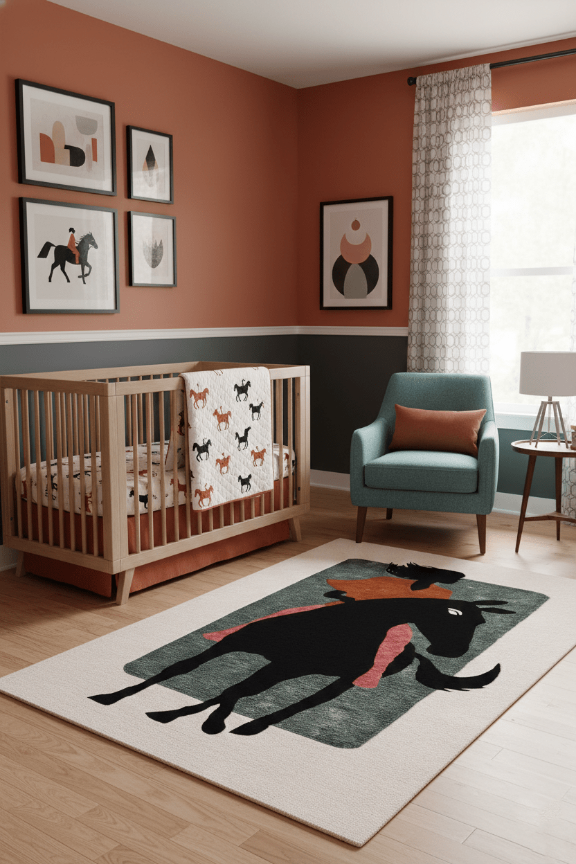 Horse Rider Pattern Beige And Black Hand Tufted 5x8 Wool Rug