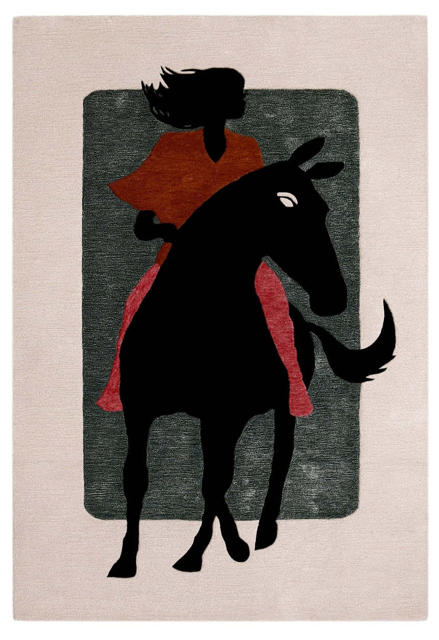 Horse Rider Pattern Beige And Black Hand Tufted 5x8 Wool Rug
