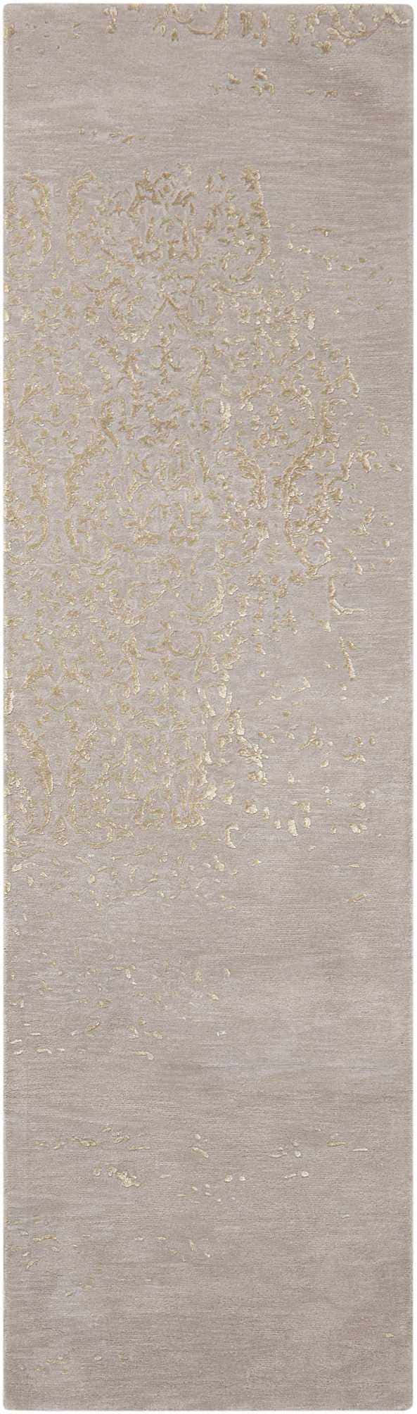 Close-up of the Nourison Opaline Silver Vintage Area Rug, showcasing its silver gray tones and subtle vintage pattern.