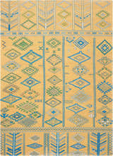 Close-up of Nourison Madera Saffron Tribal rug. Mustard yellow with blue, green, and white geometric diamond patterns.