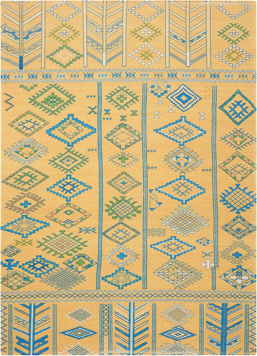 Close-up of Nourison Madera Saffron Tribal rug. Mustard yellow with blue, green, and white geometric diamond patterns.