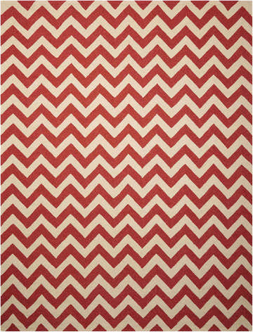 Close-up of Nourison Portico Red Colorful Area Rug featuring a bold, red and beige chevron pattern.