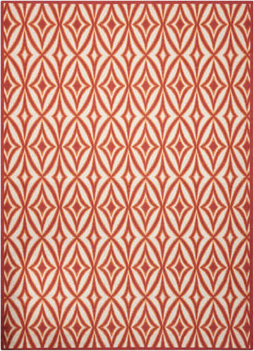 Close-up of Waverly Sun N' Shade Campari rug featuring a diamond and oval pattern in campari orange and cream.