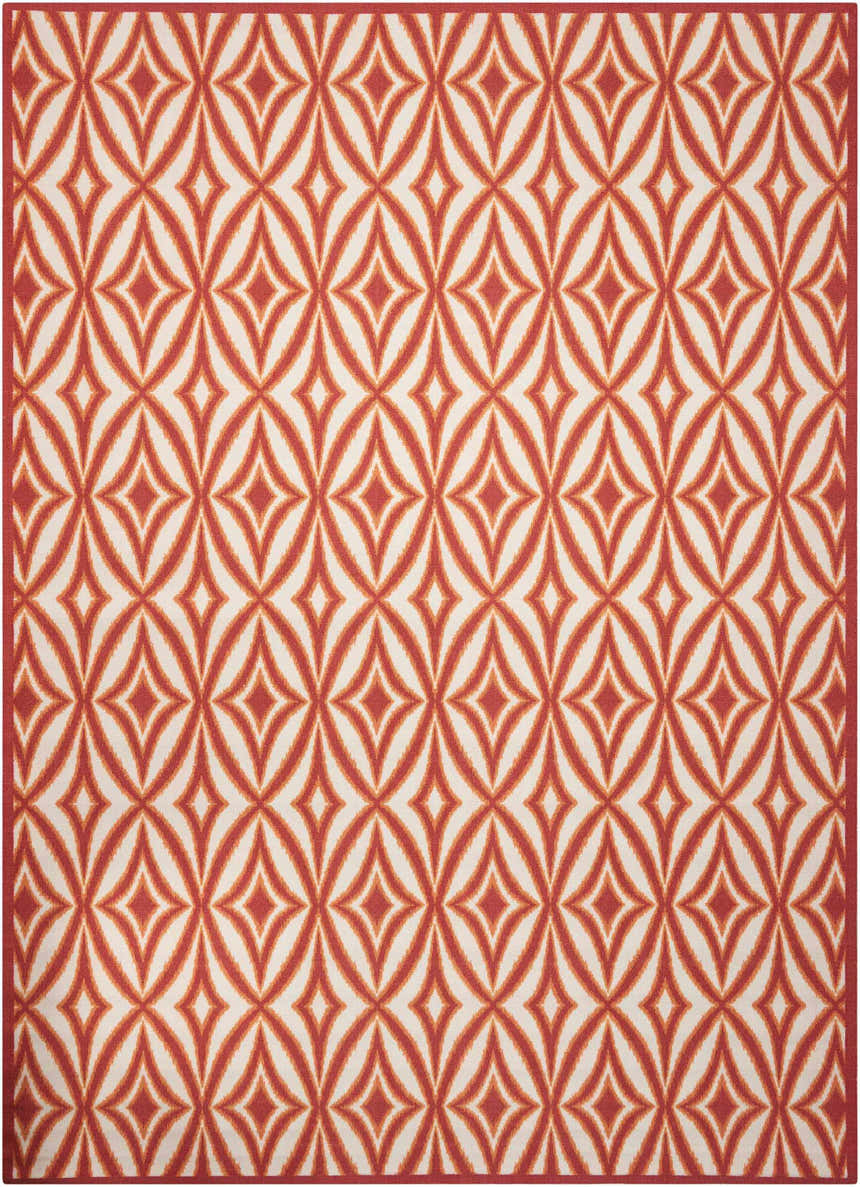 Close-up of Waverly Sun N' Shade Campari rug featuring a diamond and oval pattern in campari orange and cream.