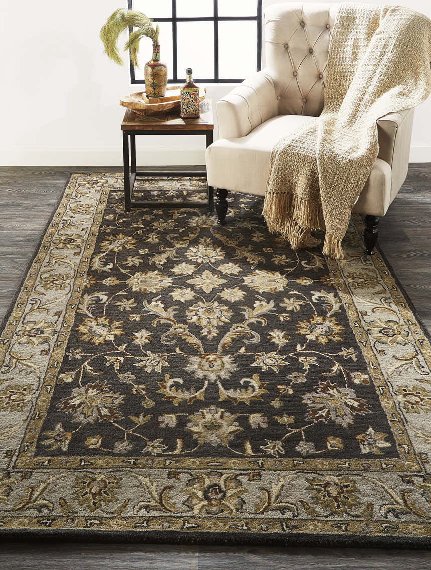 Living room scene with Feizy Eaton Traditional Oriental Rug in blue, gray, and taupe. Tufted chair and wood side table. Roomscene-Rectangle