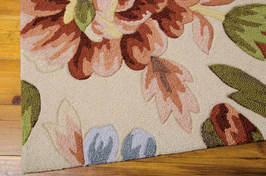 Close up of the handmade Nourison Fantasy Ivory Floral Area Rug, chestnut, green, and ivory floral design.