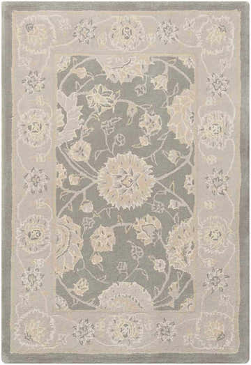 Close up of the Nourison 2000 Slate Persian rug. Handmade wool rug with a floral design in taupe and slate. Clearance item.