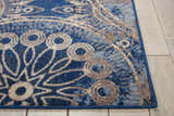 Close-up of Nourison Somerset Denim rug showing blue, gray, and cream mid-century modern floral pattern and texture.