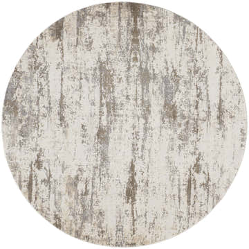 Close-up of the round Feizy Parker Transitional Abstract rug in ivory and brown with a distressed pattern. Design-Round