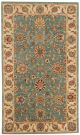 Close-up of Nourison Living Treasures Aqua rug. Traditional floral pattern in aqua, beige, rust, and brown tones.