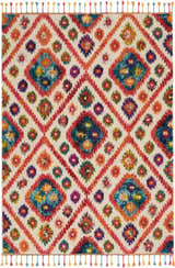 Close-up of Nourison Nomad Ivory Pink Tribal rug. Diamond pattern with colorful floral accents and playful tassels.