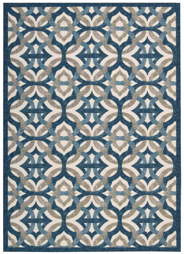 Waverly Sun N' Shade Celestial Contemporary Area Rug with a blue, light blue, and gray geometric pattern.