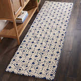 Hallway scene with Nourison Deco Mod Navy Ivory runner rug on dark wood floor.