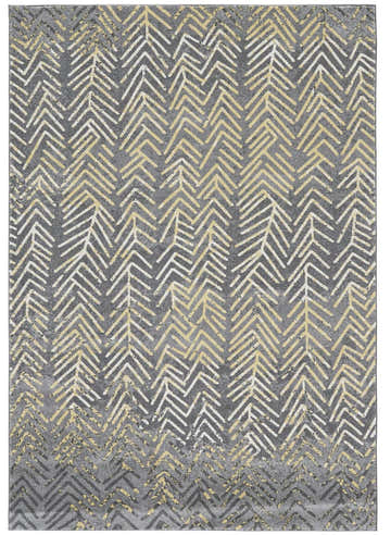 Feizy Bleecker rug close-up. Gray rug with a modern chevron pattern in yellow and white. Casual, contemporary style. Design-Rectangle
