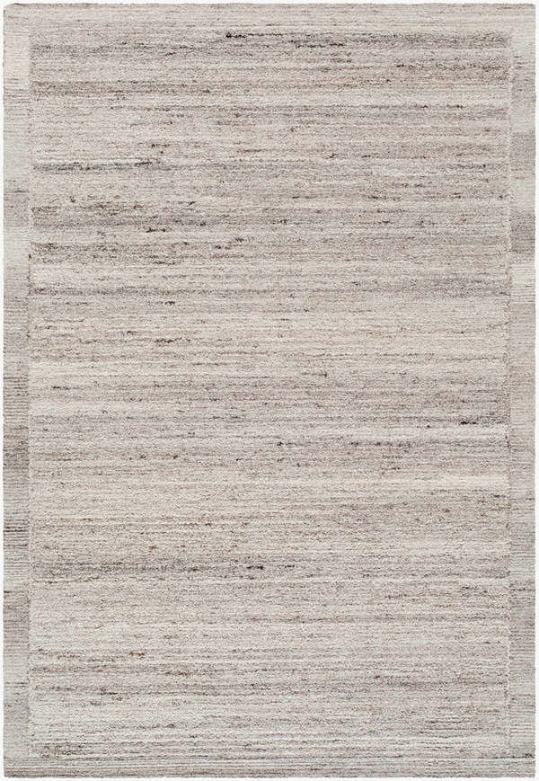 Close-up of the Blenda Beige Area Rug. Hand-tufted wool rug with subtle charcoal and taupe horizontal stripes. Design-Rectangle-576