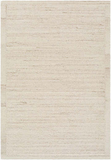 Close-up of the Blenda Tan Area Rug, a hand-tufted wool rug with beige, cream, and tan hues and subtle horizontal striations. Design-Rectangle-576