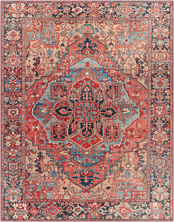 Detailed close-up of the Neyland Area Rug featuring a traditional oriental pattern in beige, red, and blue hues. Design-Rectangle-7696