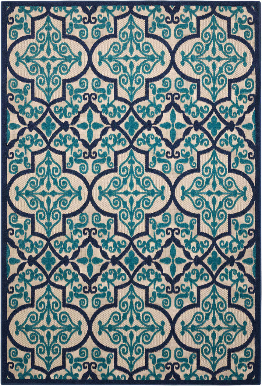 Close-up of the Nourison Aloha Navy Bohemian Area Rug featuring a geometric, floral-inspired pattern in navy and teal.
