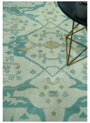 Ivory and Aqua Hand Knotted Oriental Oushak Custom Made Wool Rug