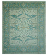 Ivory and Aqua Hand Knotted Oriental Oushak Custom Made Wool Rug