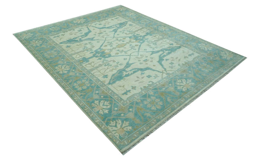Ivory and Aqua Hand Knotted Oriental Oushak Custom Made Wool Rug