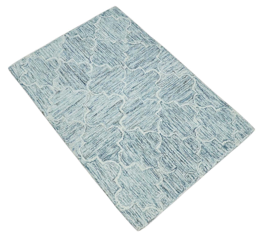Ivory and Blue Modern Geometric Hand Tufted Multi Size Natural Wool Area Rug