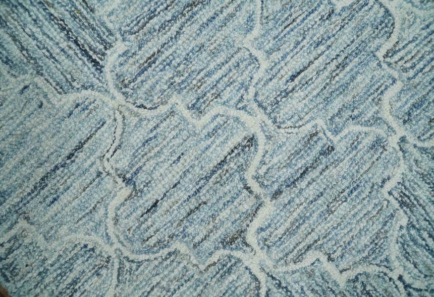 Ivory and Blue Modern Geometric Hand Tufted Multi Size Natural Wool Area Rug