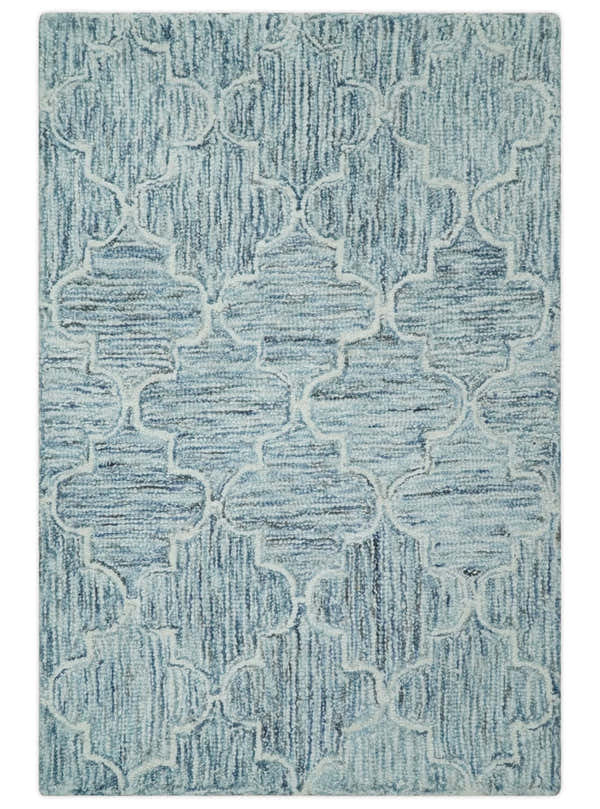 Ivory and Blue Modern Geometric Hand Tufted Multi Size Natural Wool Area Rug