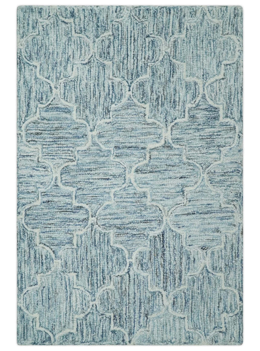 Ivory and Blue Modern Geometric Hand Tufted Multi Size Natural Wool Area Rug