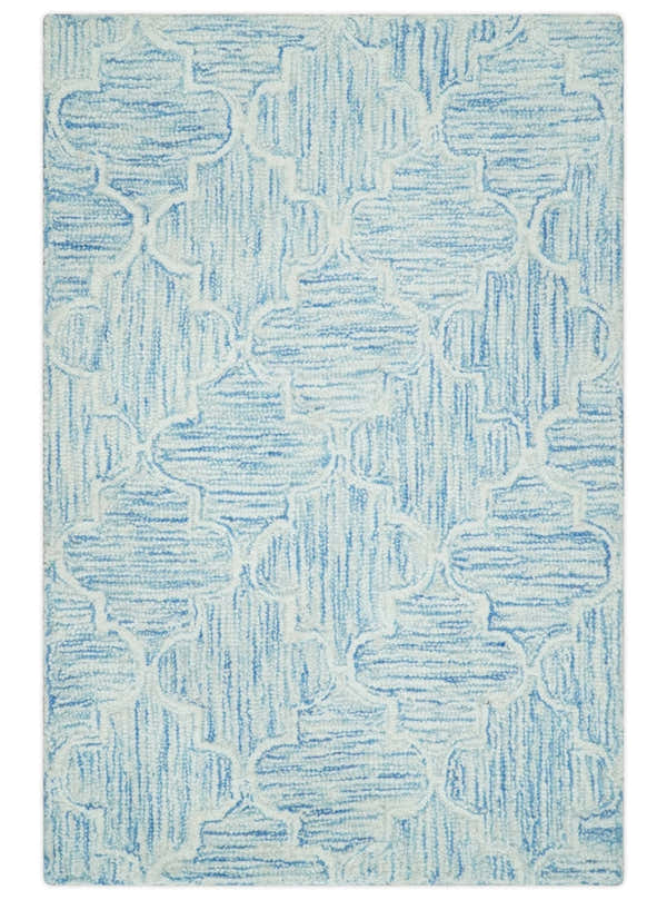 Custom Made Ivory and Blue Modern Geometric Hand Tufted Natural Wool Area Rug
