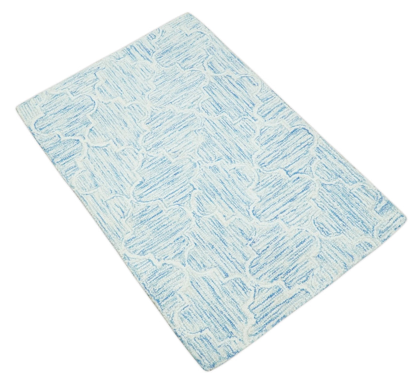 Custom Made Ivory and Blue Modern Geometric Hand Tufted Natural Wool Area Rug