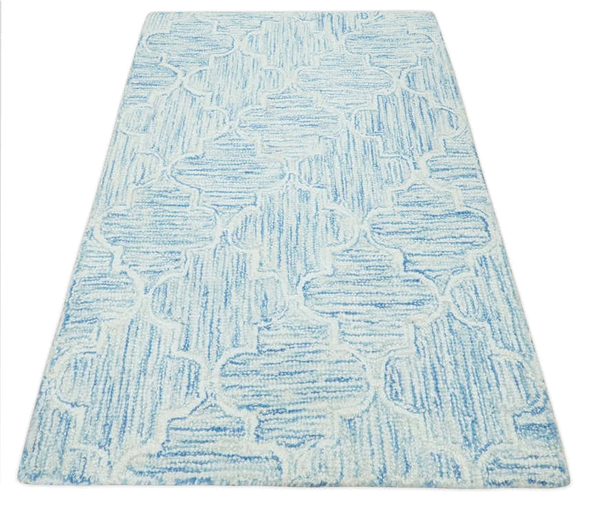Custom Made Ivory and Blue Modern Geometric Hand Tufted Natural Wool Area Rug