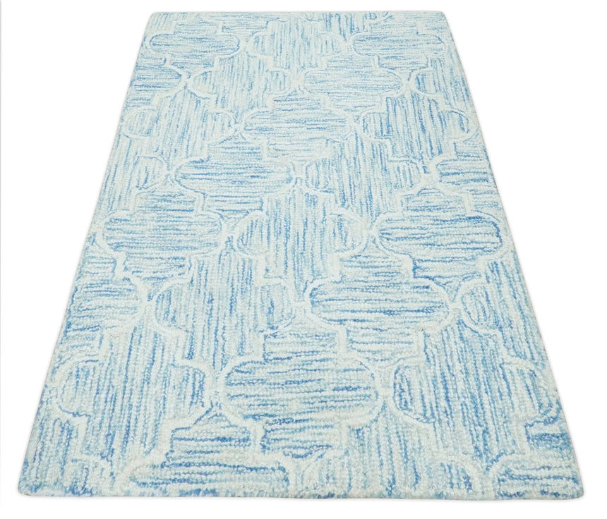 Custom Made Ivory and Blue Modern Geometric Hand Tufted Natural Wool Area Rug