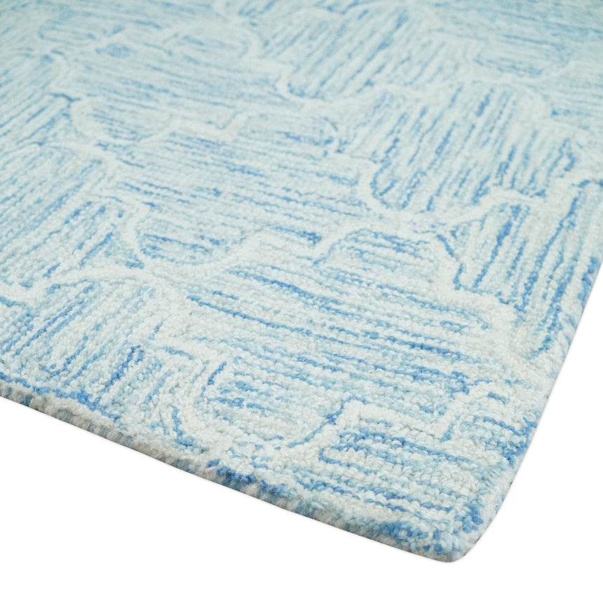 Custom Made Ivory and Blue Modern Geometric Hand Tufted Natural Wool Area Rug