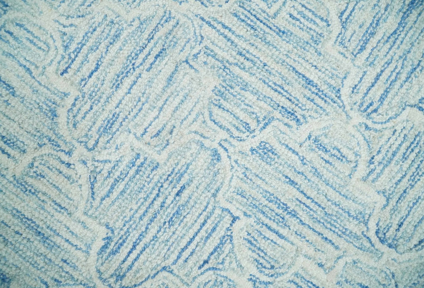 Custom Made Ivory and Blue Modern Geometric Hand Tufted Natural Wool Area Rug