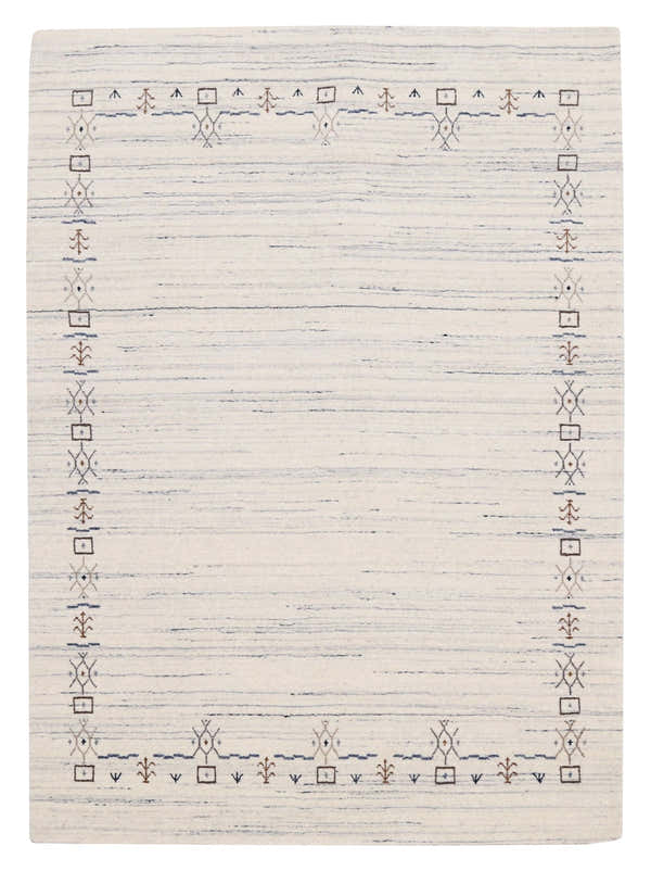 Ivory And Blue Tribal Border Design Hand Loomed Wool Area Rug