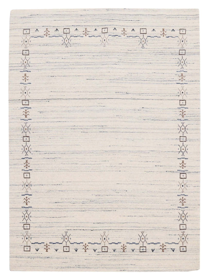 Ivory And Blue Tribal Border Design Hand Loomed Wool Area Rug