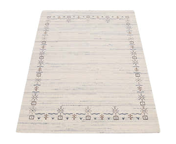 Ivory And Blue Tribal Border Design Hand Loomed Wool Area Rug