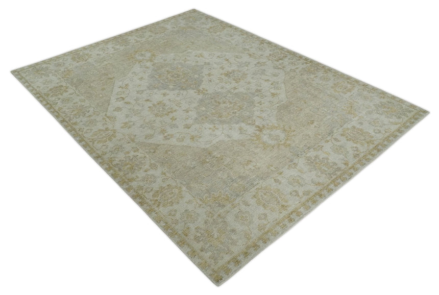 Ivory and Brown distressed finished Traditional Floral Low Pile Multi Size wool Area Rug