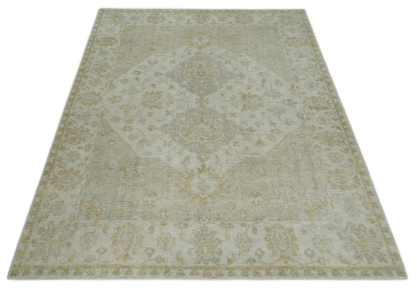 Ivory and Brown distressed finished Traditional Floral Low Pile Multi Size wool Area Rug