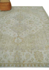 Ivory and Brown distressed finished Traditional Floral Low Pile Multi Size wool Area Rug