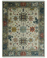 Ivory and Gray Floral Oushak Hand Knotted Custom Made Wool Area Rug