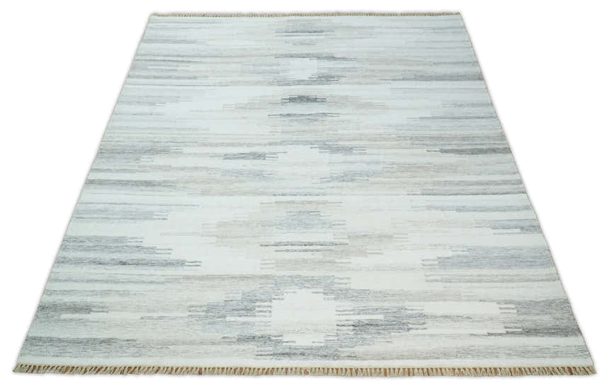 Ivory and Silver fine Wool and Viscose Kilim Rug