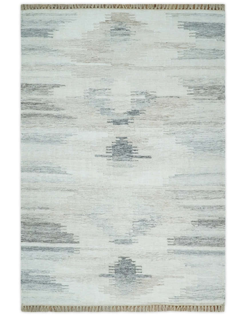 Ivory and Silver fine Wool and Viscose Kilim Rug
