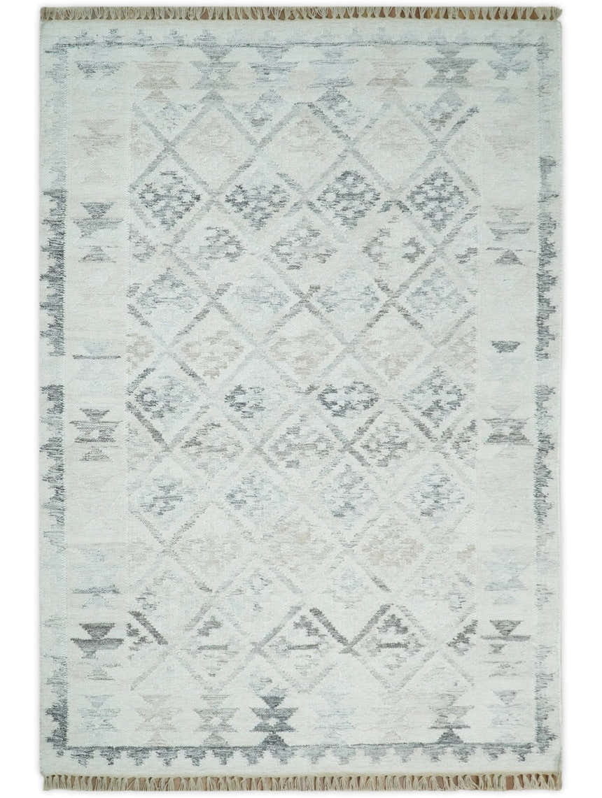 Ivory and Gray Modern Geometrical Hand Woven Wool Rug